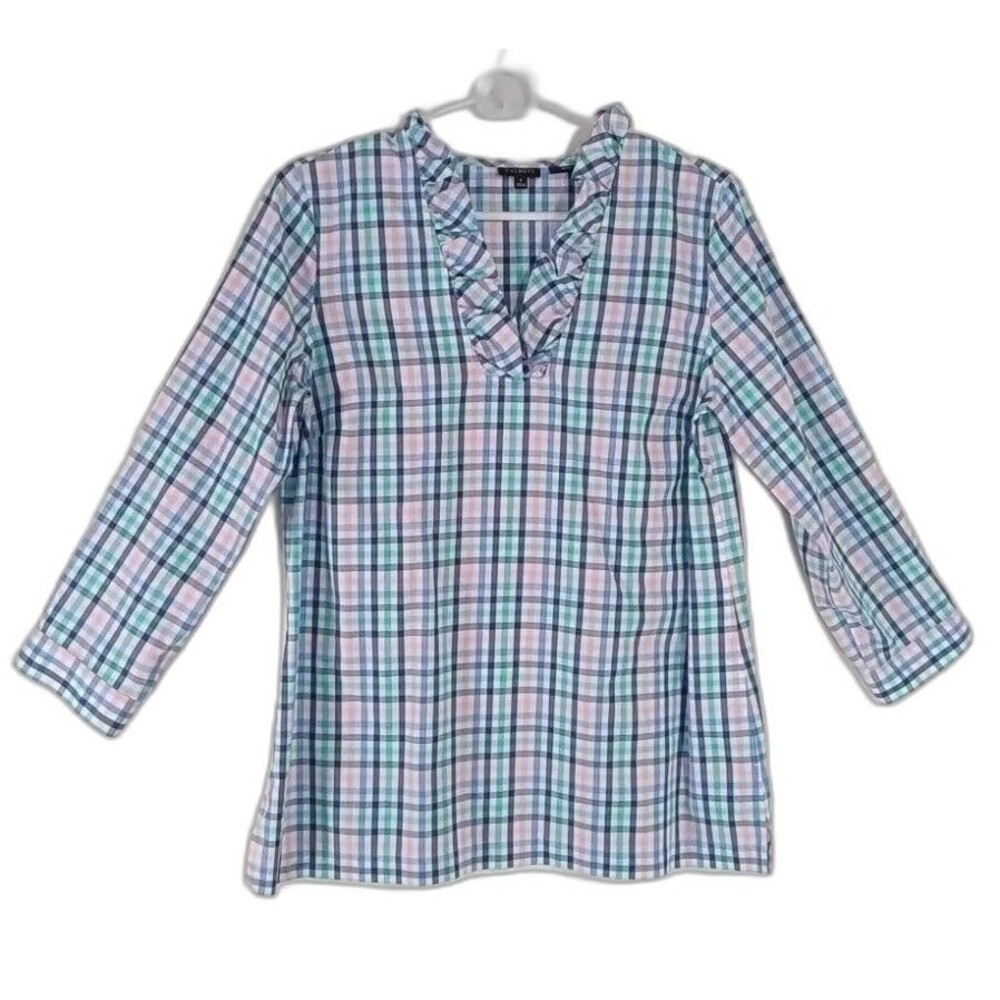 Talbots Top 4‎ Blue Green Pink Plaid No Iron Long Sl Slits Ruffle Cute Shirt